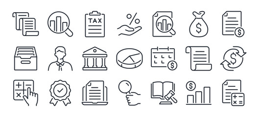 Accounting, audit, financial report editable stroke outline icons set isolated on white background flat vector illustration. Pixel perfect. 64 x 64. - obrazy, fototapety, plakaty