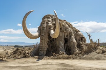 Mammoth statue. Winter sand spring. Generate Ai
