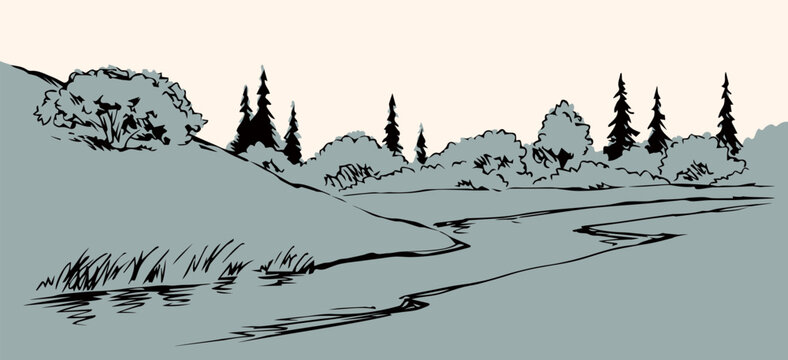 Vector drawing. Summer river scene