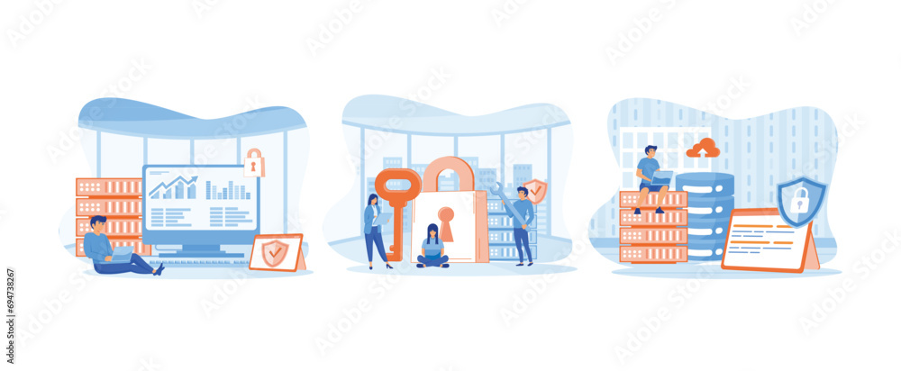 Poster hacker attack and web security. database security. hackers stealing personal data. database set flat