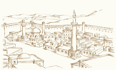 Vector drawing. Ancient eastern town