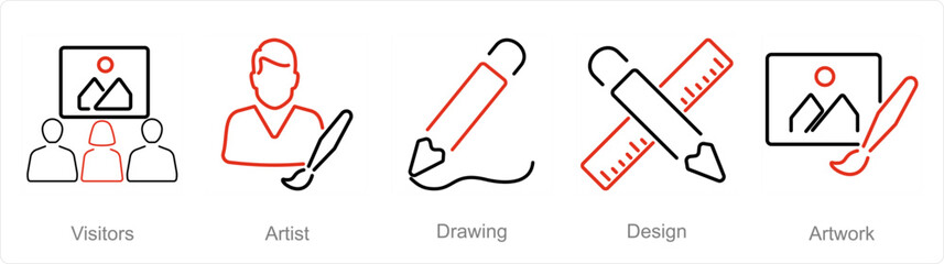 A set of 5 Art icons as visitors, artist, drawing
