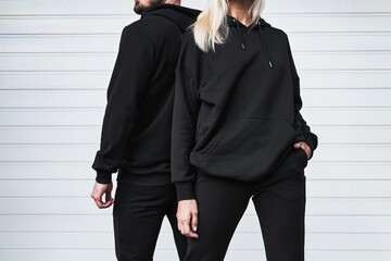 A couple poses outdoors in black hoodies for a mock-up template. A print and branding design...