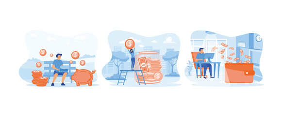 make money from internet, People saving, earning profits or high income, Making money online. Earning money set flat vector modern illustration 