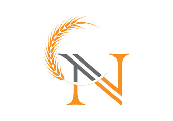 Initial N Letter with Wheat Grain for Bakery, Bread, Cake, Café, Pastry, Healthy Food, Cafeteria, Home Industries Business Logo Vector Idea