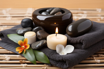 Wellness Decoration, Spa Massage Setting with Oil, Stones, and Towel for Relaxing Moments Created with Generative AI Tools