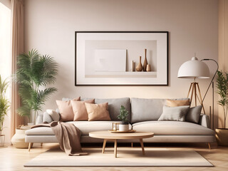 Interior mockup with house background. Modern interior design. 3D render or Frame mockup, ISO A paper size. Living room wall poster mockup. Interior mockup with house background.