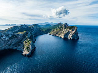 Spain, Mallorca, Pollenca, Aerial view of bay at Cabo Formentor