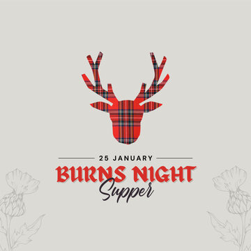 Burns nights supper card with head of deer on tartan background.