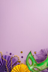 Exuberant Festivity Arrangement: Top-view vertical shot featuring lively carnival decor—mask,...