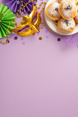 Celebration Gala arrangement: Vertical top view reveals exuberant display—festive table with carnival mask, donuts, fans, confetti, beaded garlands on purple backdrop, providing canvas for your ad © ActionGP