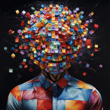 surreal image of a human head in the form of flying multi-colored plastic cubes, a Rubik's cube,person in a background