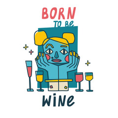Illustration with abstract portraits and wine. Abstract people at the wine party. Girl with a glass of red wine. A man with a glass of white wine. Trendy print for bar or menu. Vector