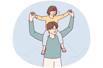 Young smiling father with excited child on back walking together outdoors. Happy loving dad playing with little kid enjoy time together. Vector illustration.