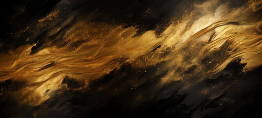 Gold brush stroke texture with black background in luxury style. water flowing into the cave