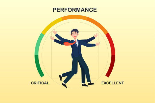 Businessman in the middle of rating gauge meter pointing to evaluate annual rating, employee evaluation, appraisal for work performance assessment, rating for performance bonus (Vector)