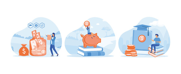 Financial education. Women saving money in piggy bank. Student investing money in education and knowledge.  Financial education set flat vector modern illustration 