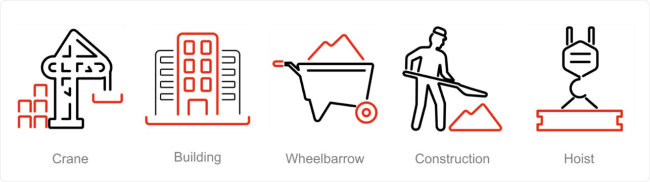 A set of 5 Build icons as crane, building, wheelbarrow