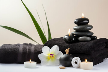 Wellness Decoration, Spa Massage Setting with Oil, Stones, and Towel for Relaxing Moments Created with Generative AI Tools