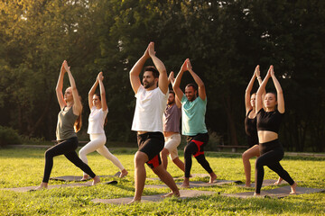 Group of people practicing yoga on mats outdoors