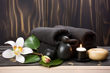 Wellness Decoration, Spa Massage Setting with Oil, Stones, and Towel for Relaxing Moments Created with Generative AI Tools