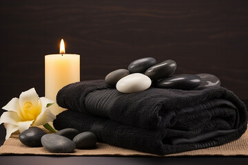 Obraz na płótnie Canvas Wellness Decoration, Spa Massage Setting with Oil, Stones, and Towel for Relaxing Moments Created with Generative AI Tools