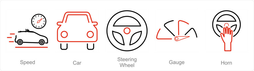 Fototapeta premium A set of 5 Car icons as speed, car, steering wheel