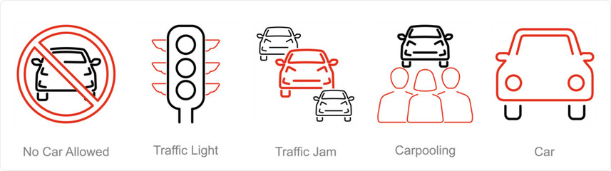 A set of 5 Car icons as no car allowed, traffic light, traffic jam - obrazy, fototapety, plakaty