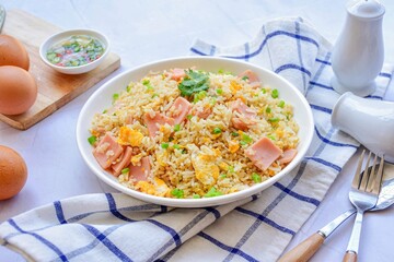 fried rice with ham and egg, on a white background,thai food,asian food