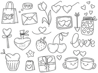 Valentine doodle sketch style set. Cute hand drawn illustration of Valentine s day concept. Simple line icons of romance and love, clip art vector illustration