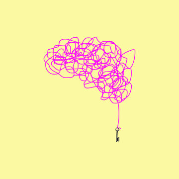 Key at end of brain shaped tangled string