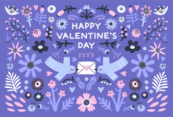 Valentine's Day greeting card with flowers, leaves, birds and hearts.