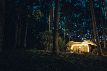 Glamping tourist vacation in Pine Forest Park on night sky in the background with LED warm light with Copy space. Add the Realistic Film Color Tone and Grain.