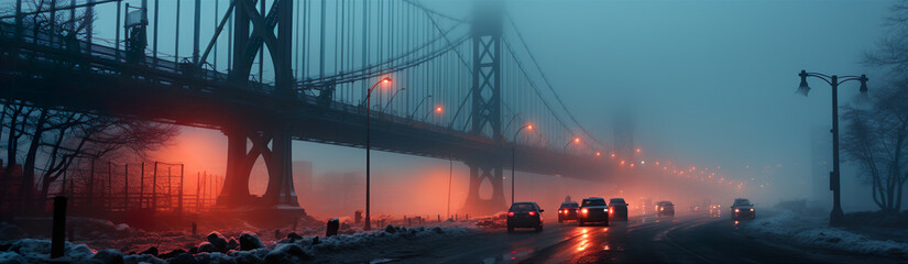Bridge In The Morning Fog. Illustration On The Theme Of Urban Infrastructure, Transport And Lifestyle.  Generative AI	
 - obrazy, fototapety, plakaty