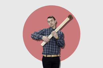 A man holding giant match	