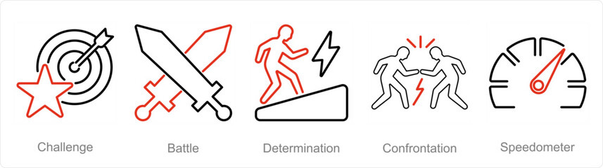 A set of 5 Challenge icons as challenge, battle, determination