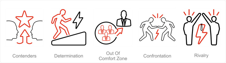 Fototapeta premium A set of 5 Challenge icons as contenders, determination, out of comfort zone
