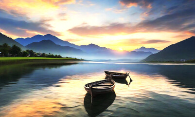 beautiful photograph of a small lake with a focus on a wooden rowboat and amazing clouds in the...