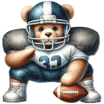 watercolor American Football Teddy Bear Clipart, sports bears, toddler football, nursery decor, kids sports art, printable illustration cut out transparent isolated on white background ,PNG file