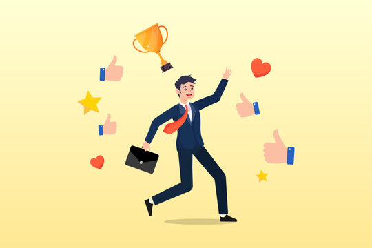 Cheerful success businessman with appreciation thumbs up applause, stars and trophy, appreciate high performance employee, good job or praising success staff, recognition or congratulation (Vector)
