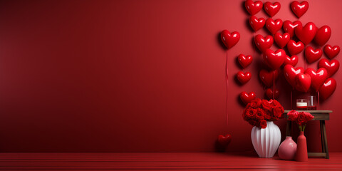 Valentine's day, 14 february theme banner. Love and romance background. Red wall with heart shapes. Space for text.