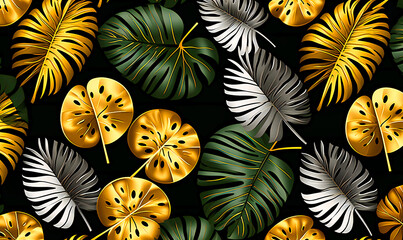 Luxurious Golden and Silver Tropical Leaves on Elegant Dark Background