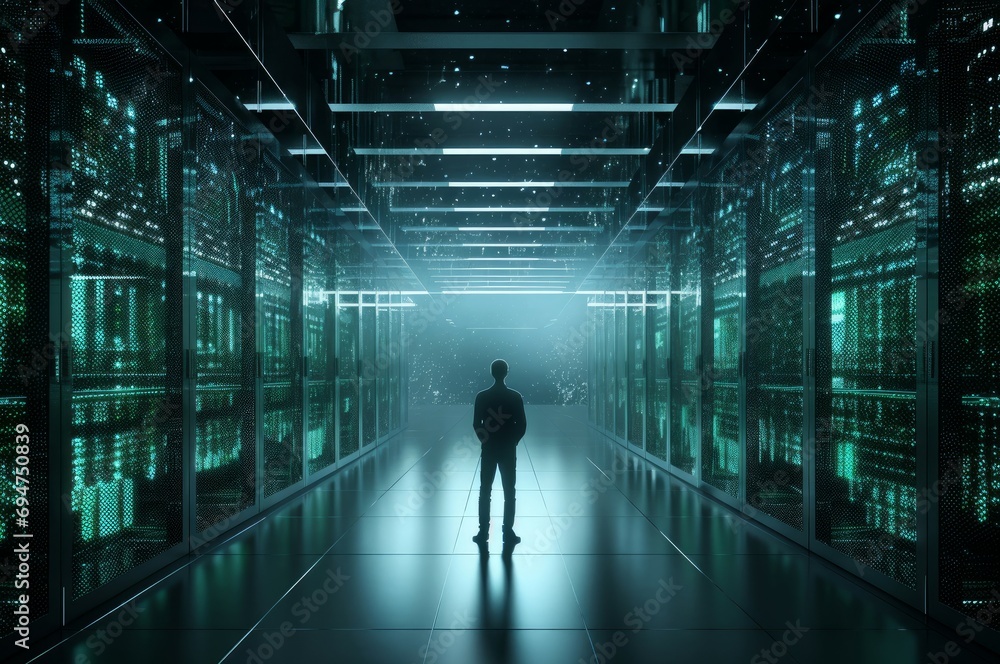 Poster advanced man data center. worker computer. generate ai