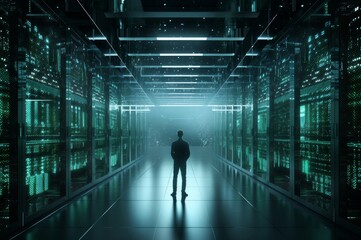 Advanced Man data center. Worker computer. Generate Ai