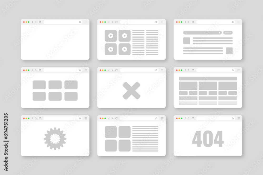 Poster web browser window, pages layout with toolbar and search field. modern website, internet page in fla