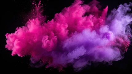 Fototapeta premium Pink and purple powder explosion on a black background. Splashes of Holi paint powder in feminine colors of violet and pink