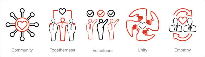 A set of 5 Charity and donation icons as community, togetherness, volunteers - obrazy, fototapety, plakaty