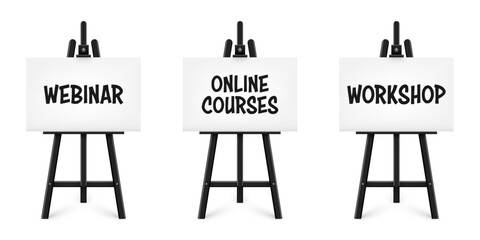 Realistic paint desk with text on white canvas. Black wooden easel and a sheet of drawing paper. Presentation board on a tripod. Distance education, online courses and e-learning. Vector illustration