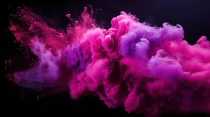 A dynamic display of pink and purple powder exploding against a black background, capturing the vibrant splashes of Holi paint powder in feminine shades of violet and pink - obrazy, fototapety, plakaty