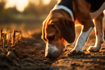 English foxhound sniffing to follow the scent during foxhunts - obrazy, fototapety, plakaty